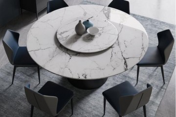 意式大理石圆形餐桌椅组合北欧简约圆餐桌家用带转盘10人客厅饭桌